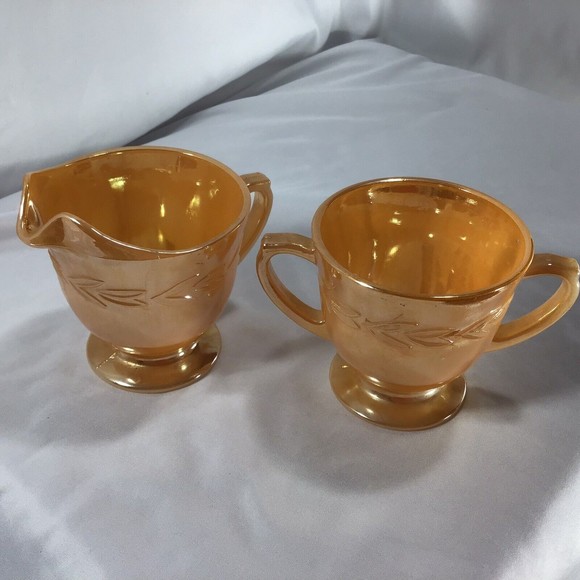 Peach Luster Ware Fire King Iridescent Sugar Creamer Leaf Pattern Mid Century - Picture 2 of 10